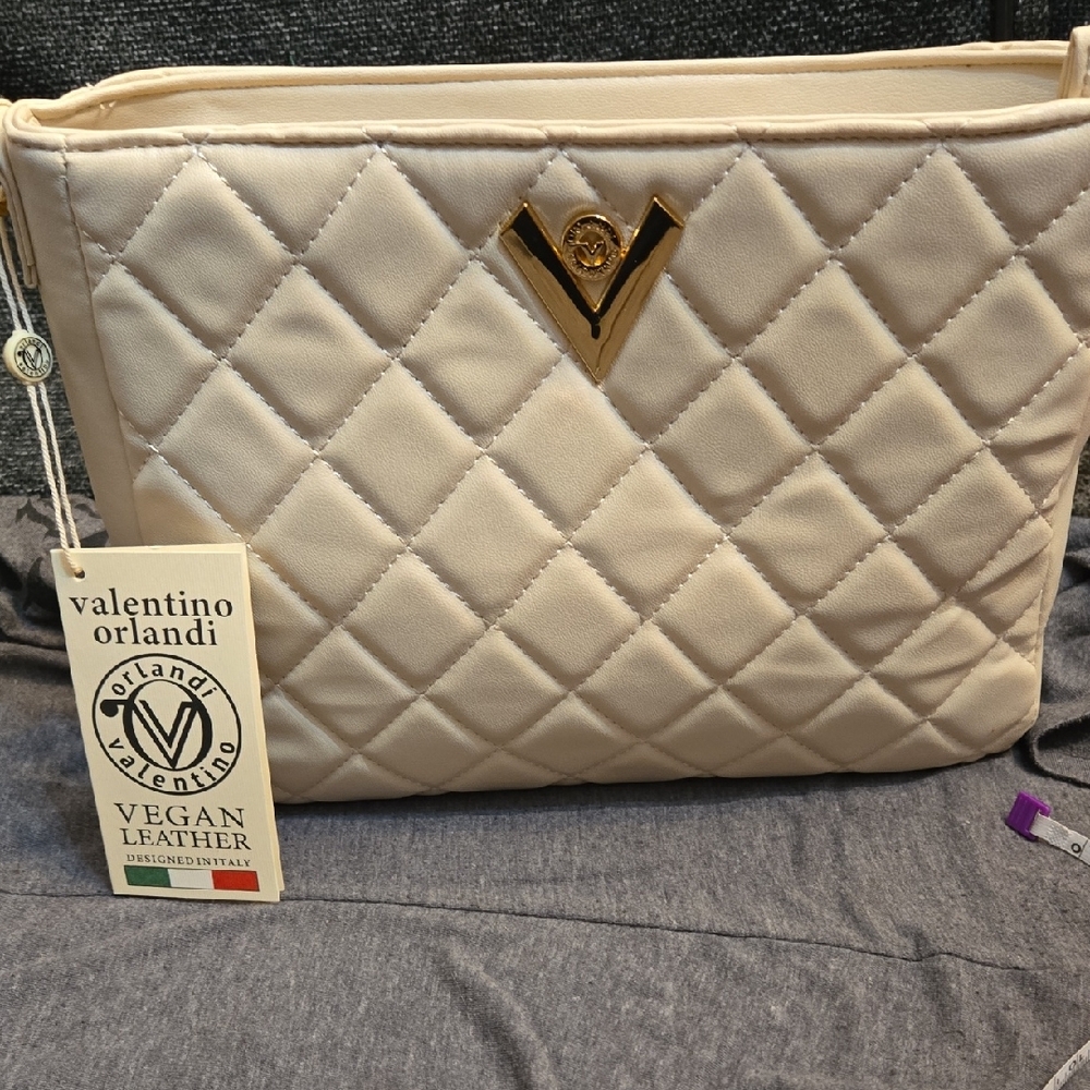 Valentino Orlandi Cream Quilted Clutch with Gold Emblem NWT